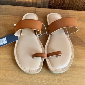Vegan Leather (Size 6.5) Toe Loop Strap Slide Brown Sandals Festival Minimalist